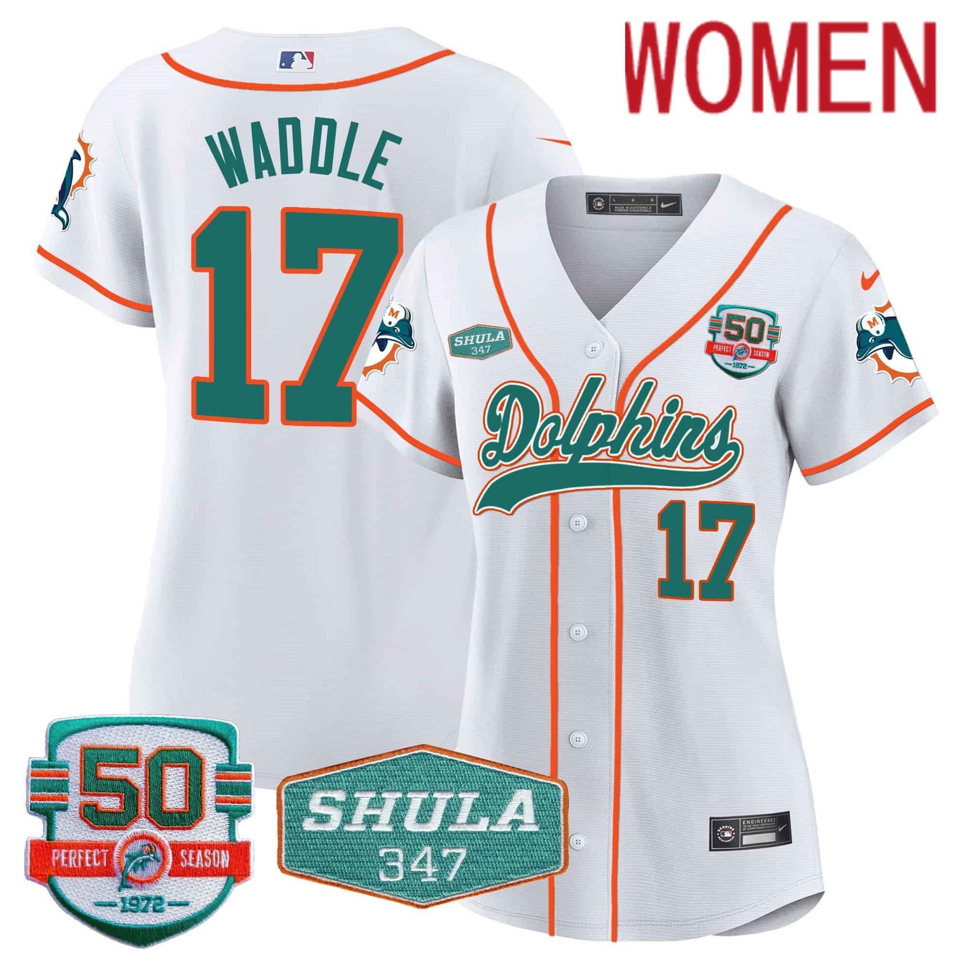 Women Miami Dolphins #17 Waddle White 2024 Nike 50th Don Shula Memorial Patch Baseball NFL Jersey